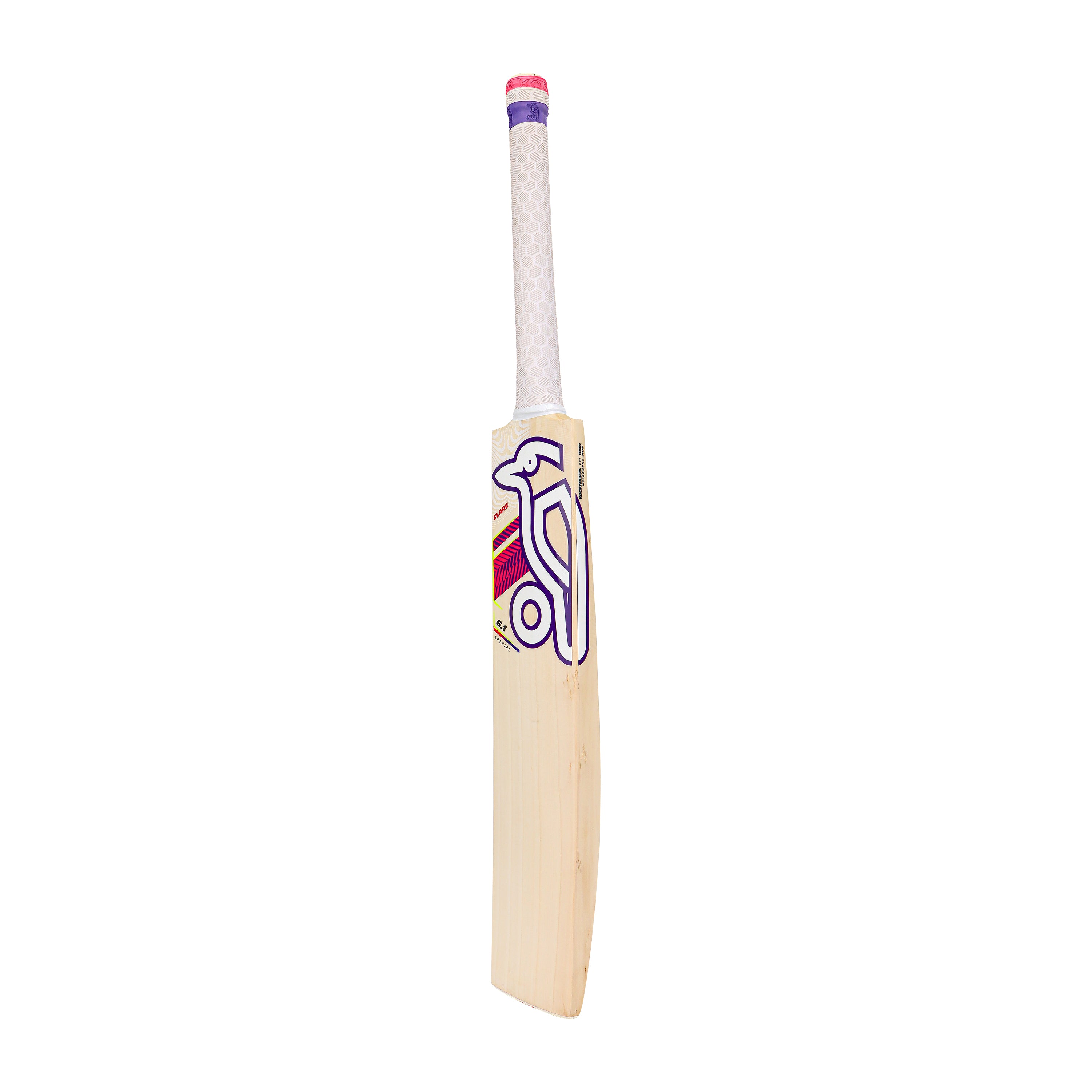 The Kookaburra Glare 6.1 Special Cricket Bat 2026 stands upright with a white grip and purple, pink, and yellow design—crafted from premium English Willow for players who demand top performance.