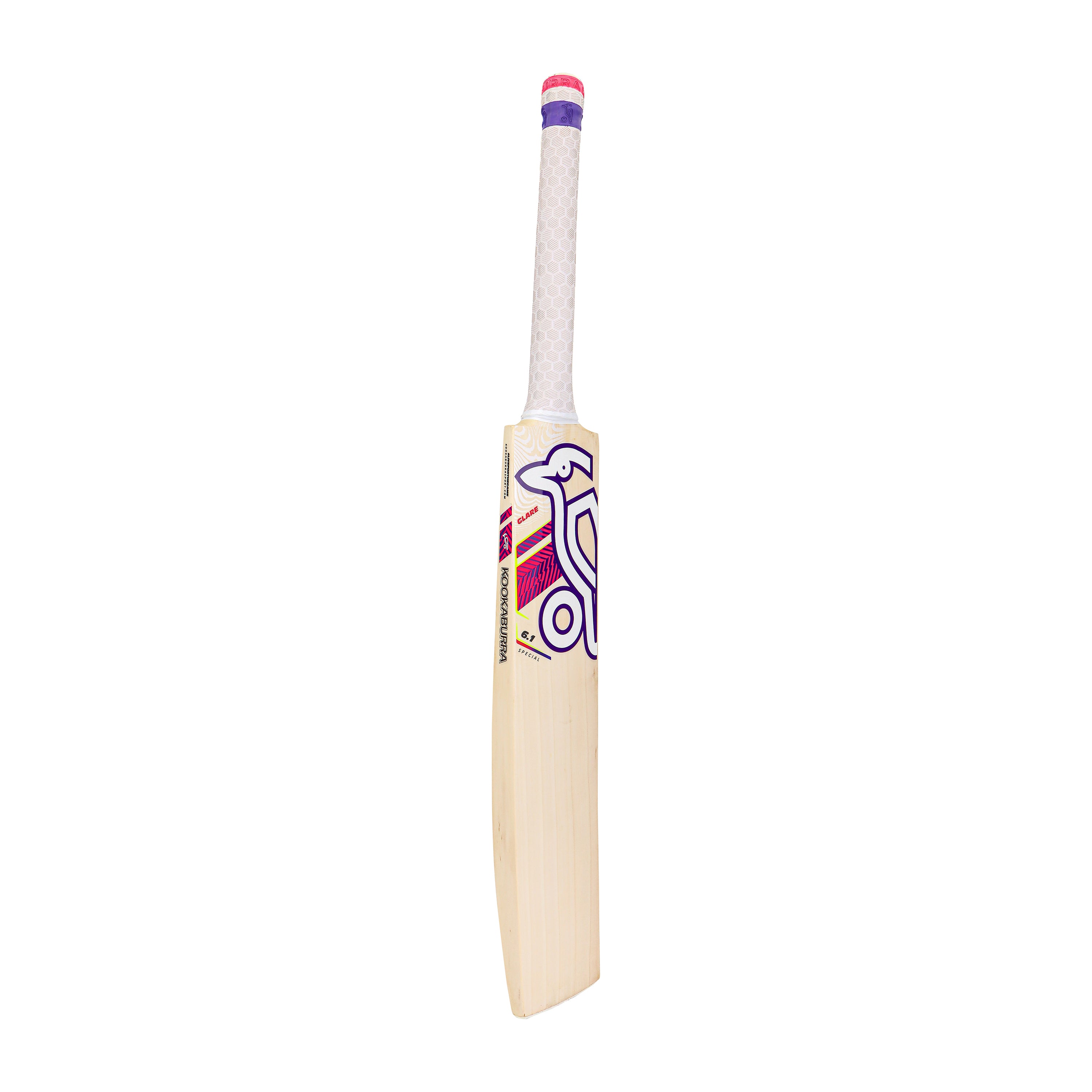 The Kookaburra Glare 6.1 Special Cricket Bat 2026, made from English Willow, features a white handle with purple and pink accents and branded blade stickers, shown standing upright against a white background.