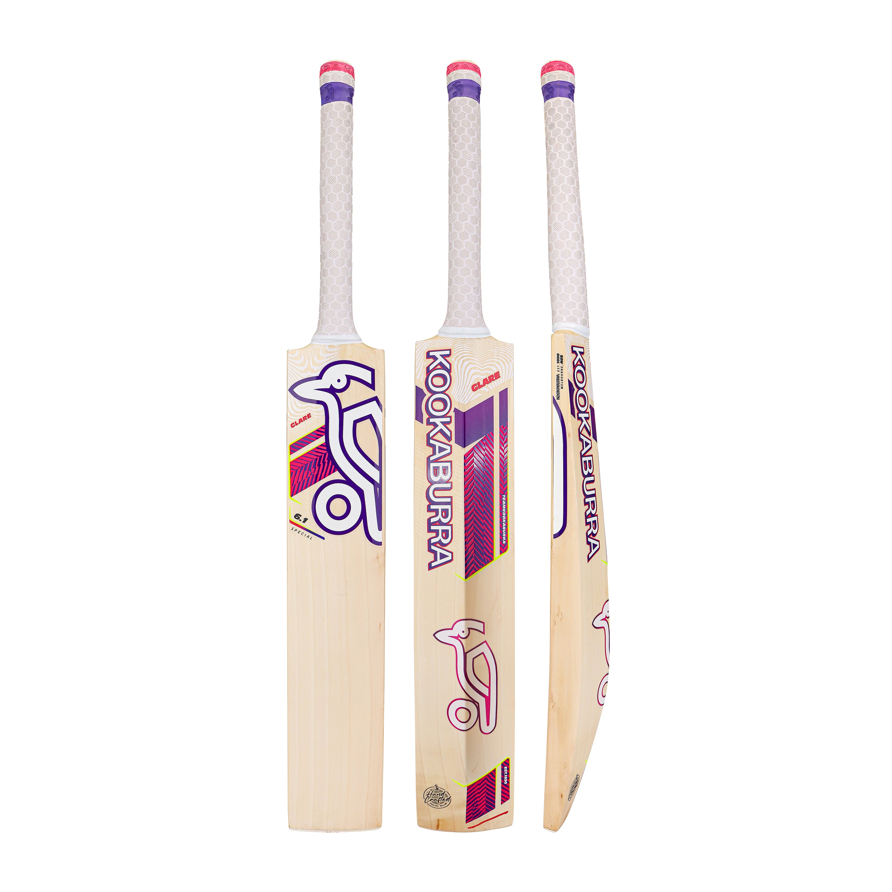 Three Kookaburra Glare 6.1 Special Cricket Bat 2026 models from Kookaburra are shown upright, displaying front, side, and back views. These English Willow bats have white handles with purple, pink, and yellow branding and graphics.