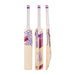 Three Kookaburra Glare 6.1 Special Cricket Bat 2026 models from Kookaburra are shown upright, displaying front, side, and back views. These English Willow bats have white handles with purple, pink, and yellow branding and graphics.
