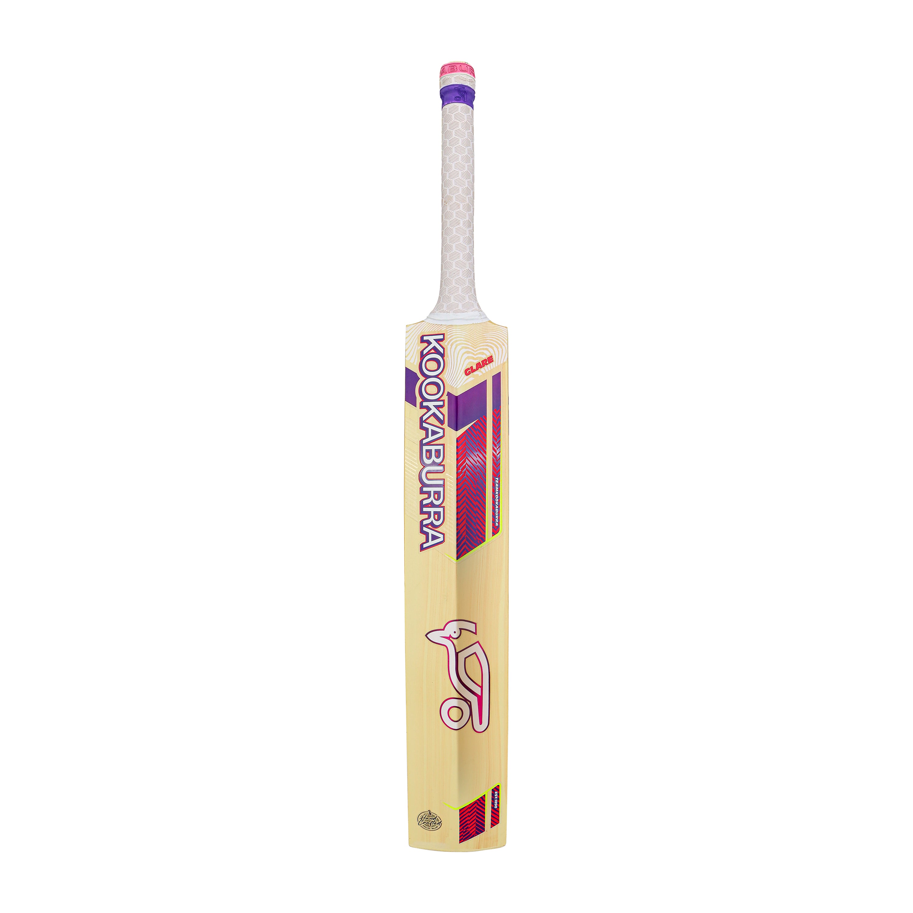 A Kookaburra Glare 6.5 Force Junior Cricket Bat 2026, featuring a white handle and striking purple and red branding on the blade, stands upright against a white background.