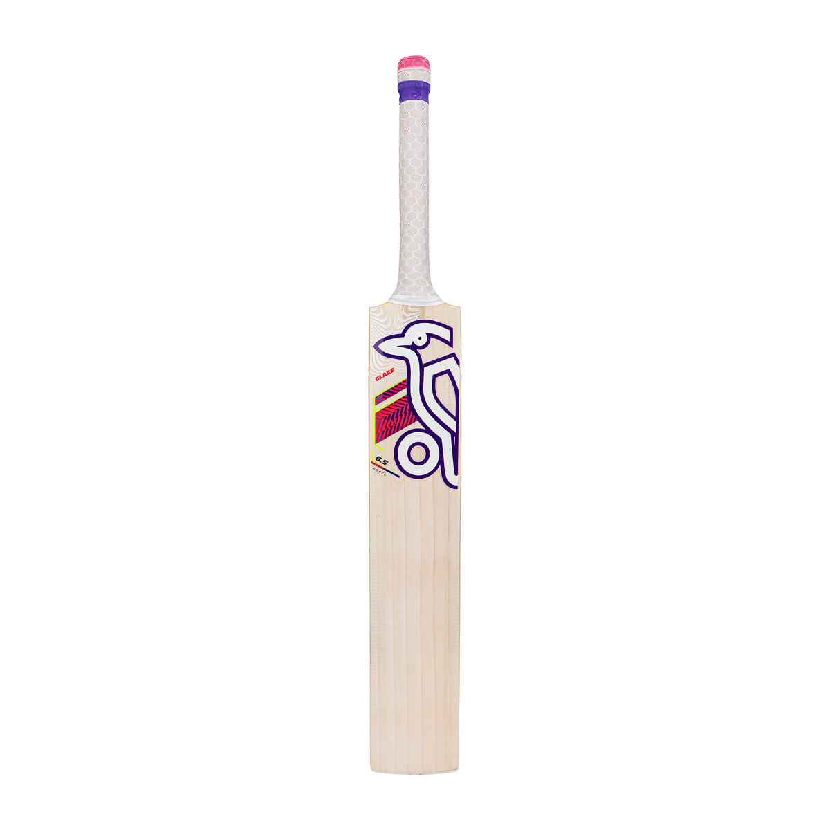 A Kookaburra Glare 6.5 Force Junior Cricket Bat 2026 with a white handle and a purple and pink bird graphic stands upright against a plain white background.