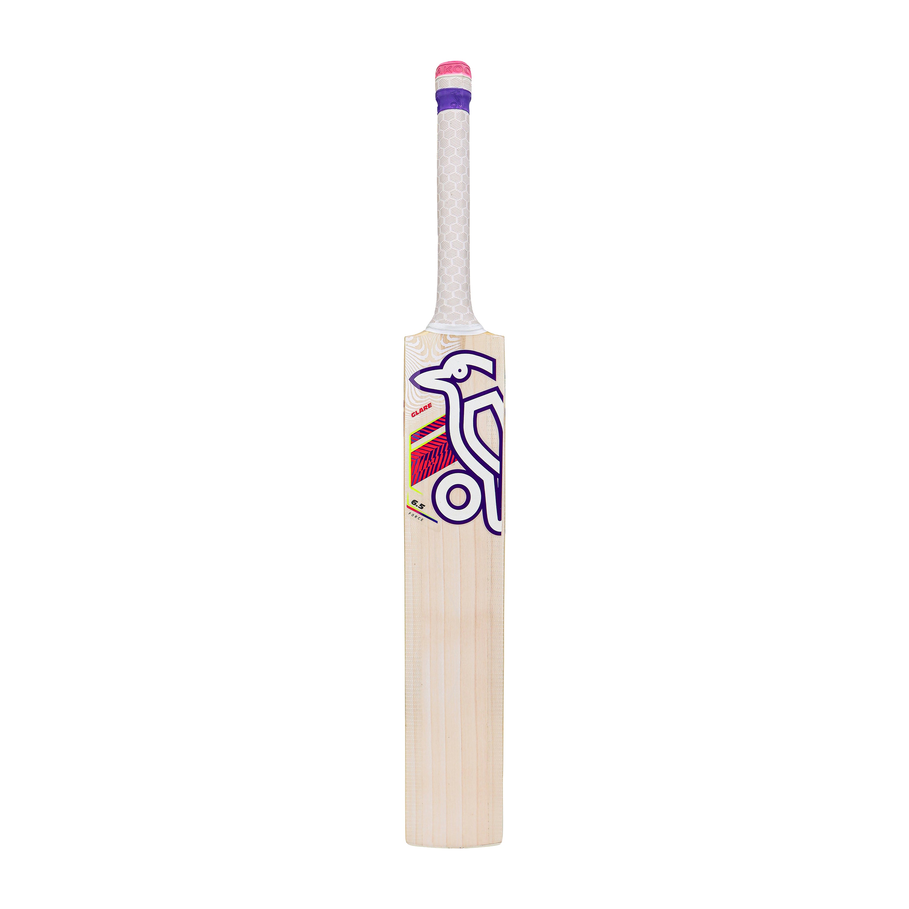 A Kookaburra Glare 6.5 Force Junior Cricket Bat 2026 with a white handle and a purple and pink bird graphic stands upright against a plain white background.