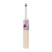A Kookaburra Glare 6.5 Force Junior Cricket Bat 2026 with a white handle and a purple and pink bird graphic stands upright against a plain white background.