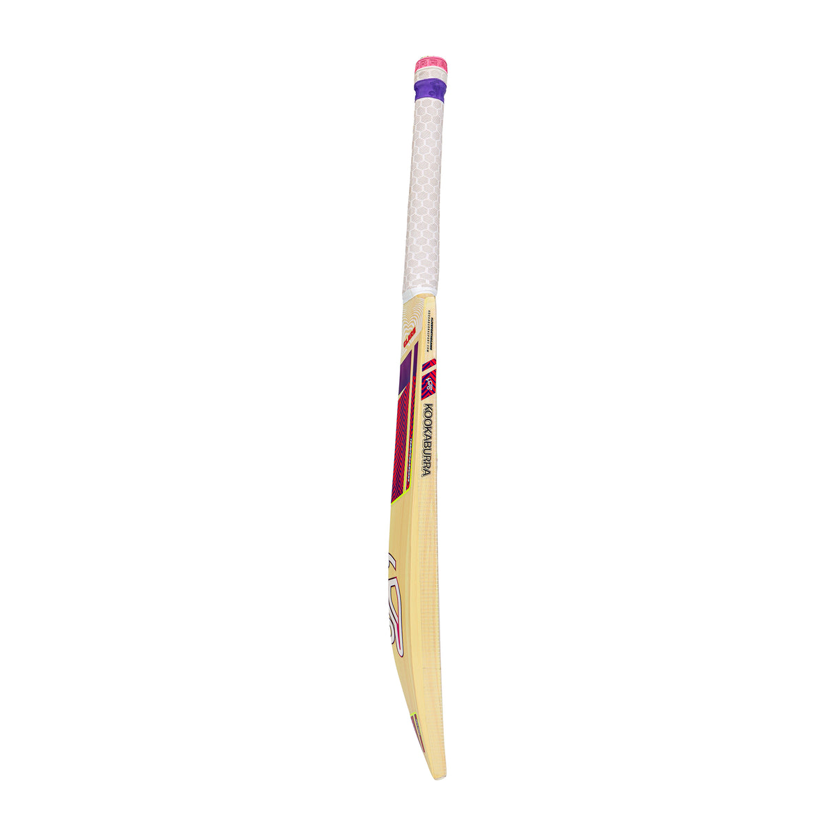 The Kookaburra Glare 6.5 Force Junior Cricket Bat 2026 features a white textured grip with purple, red, and yellow accents on the blade, and is pictured upright against a white background.
