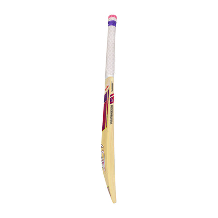 The Kookaburra Glare 6.5 Force Junior Cricket Bat 2026 features a white textured grip with purple, red, and yellow accents on the blade, and is pictured upright against a white background.