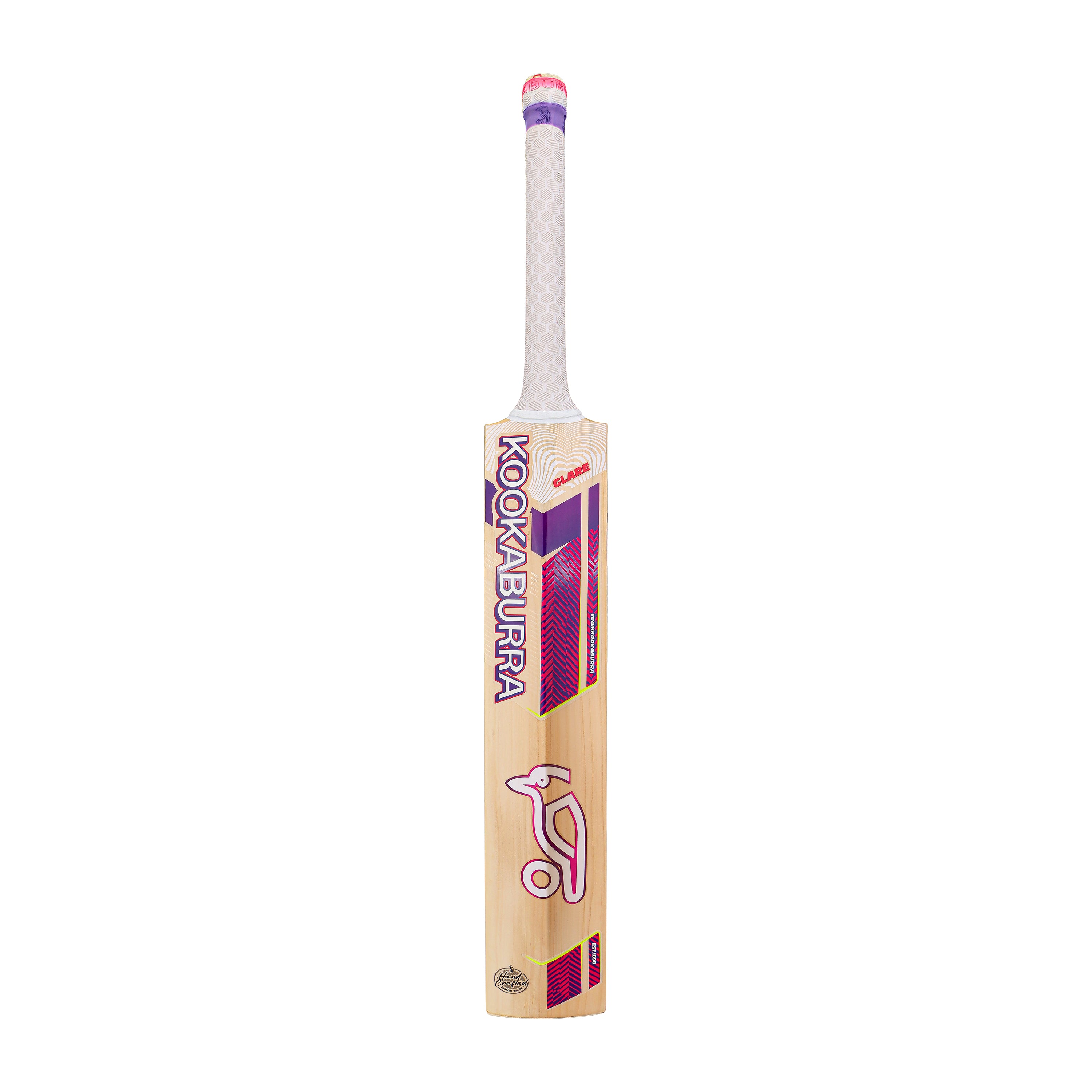 The Kookaburra Glare 6.3 Select Cricket Bat 2026, featuring a white handle and light wooden blade with purple and pink branding, is shown upright on a white background—perfect as a youth cricket bat.
