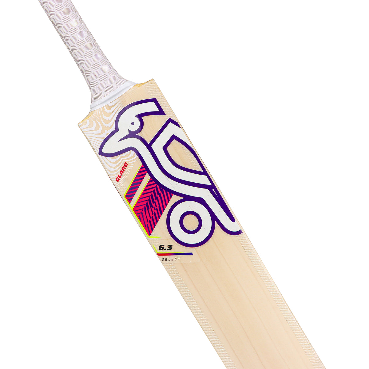 The Kookaburra Glare 6.3 Select Cricket Bat 2026 is a stylish hybrid willow youth bat with a white handle, bold purple and white abstract bird design, geometric blade patterns, and G.3 SELECT branding—perfect for young players.