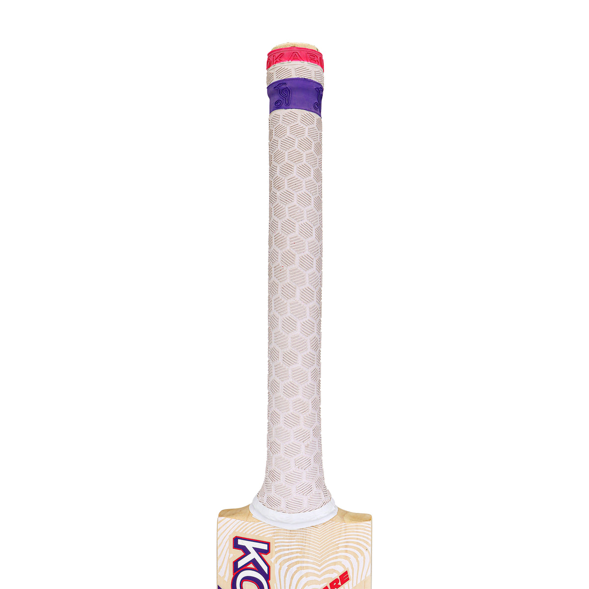 A close-up of the Kookaburra Glare 6.3 Select Cricket Bat 2026 handle shows a white textured grip with a purple band near the top and a small red section at the end.