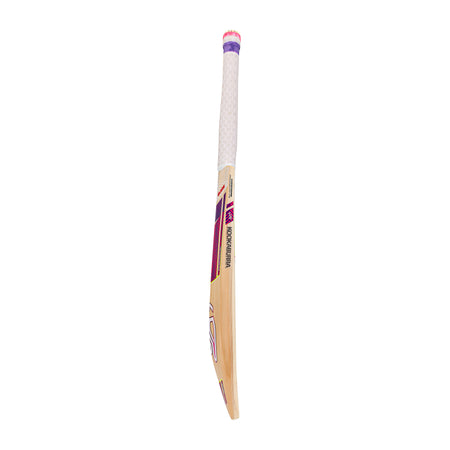 The Kookaburra Glare 6.3 Select Cricket Bat 2026 stands upright with a white grip and purple accents, showcasing bold Kookaburra branding and angled graphics in purple and pink on a white background.