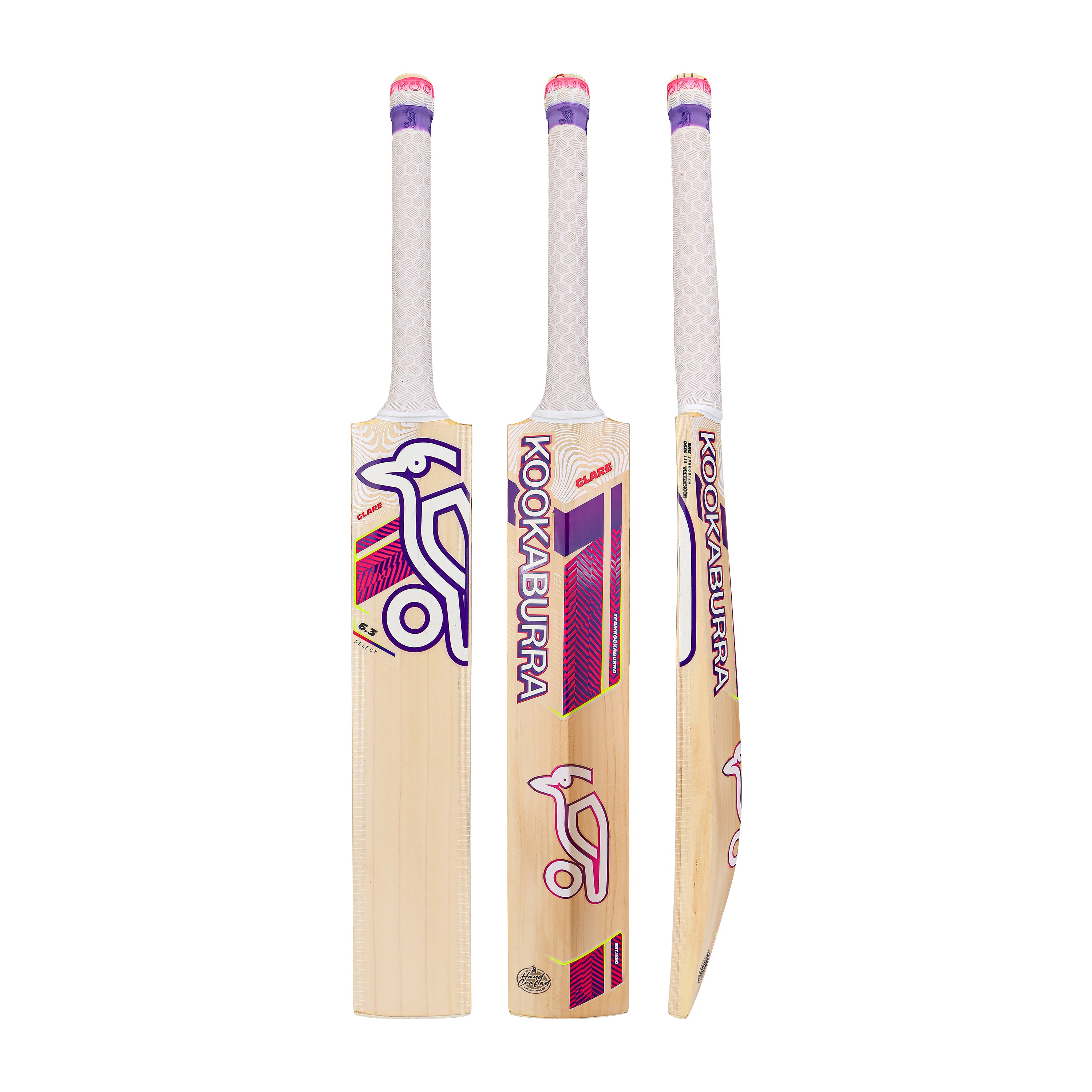 Three views of the Kookaburra Glare 6.3 Select Cricket Bat 2026 by Kookaburra, a hybrid willow youth bat with a white handle and bold purple, pink, and gold branding, shown from the front, back, and side on a white background.