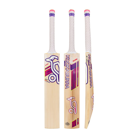 Three views of the Kookaburra Glare 6.3 Select Cricket Bat 2026 by Kookaburra, a hybrid willow youth bat with a white handle and bold purple, pink, and gold branding, shown from the front, back, and side on a white background.