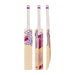 Three views of the Kookaburra Glare 6.3 Select Cricket Bat 2026 by Kookaburra, a hybrid willow youth bat with a white handle and bold purple, pink, and gold branding, shown from the front, back, and side on a white background.