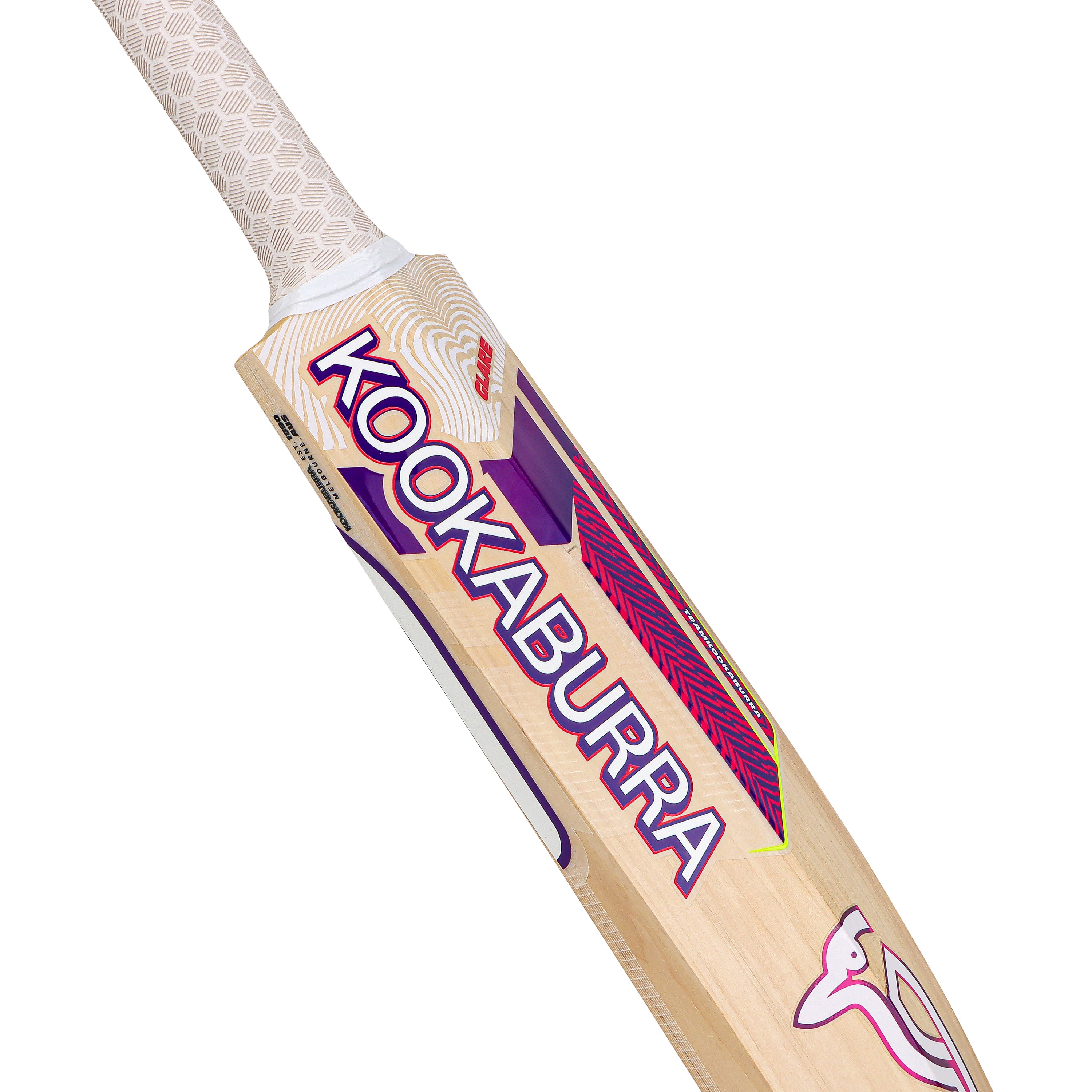 A close-up of the Kookaburra Glare Max Cricket Bat 2026, crafted from light English Willow with a white textured handle and purple-red branding—ideal for powerful shots.