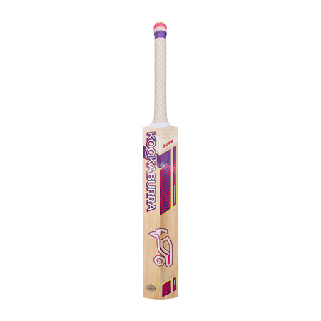 The Kookaburra Glare Max Cricket Bat 2026, featuring a white handle and pink, purple, and silver blade accents, is shown upright against a white background—ideal for power hitting.