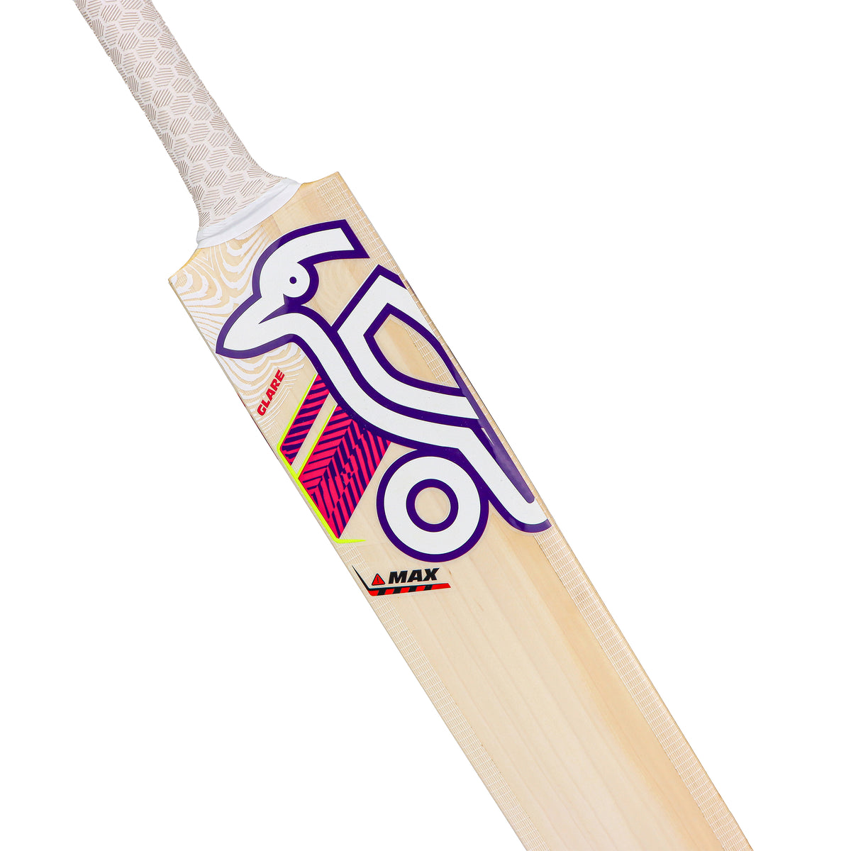 A close-up of the Kookaburra Glare Max Cricket Bat 2026, made from English Willow, shows a white grip and colorful modern graphics with a stylized bird outline, geometric shapes, and "CASES" and "MAX" on the blade.