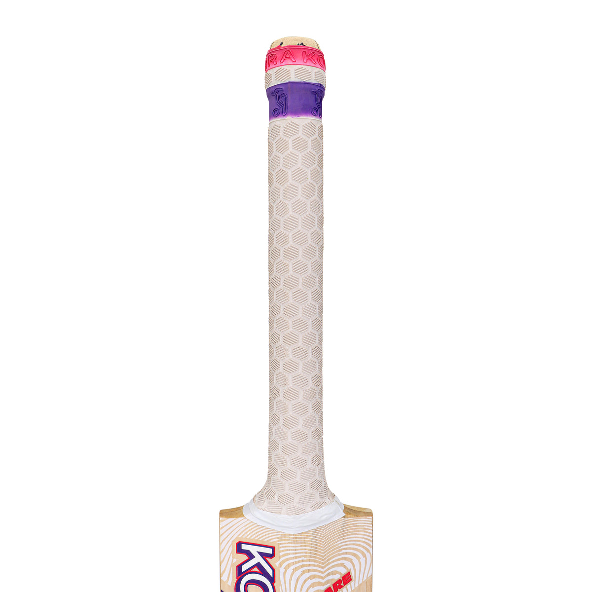 Close-up of the Kookaburra Glare Max Cricket Bat 2026 handle, featuring a textured white grip, a purple band near the top, and a pink band at the very top. The bat’s upper edge and part of its branding are visible.