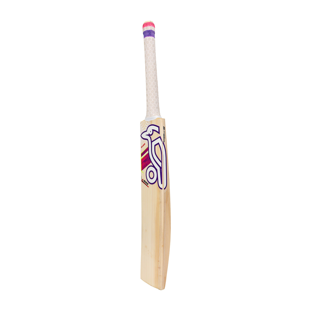 The Kookaburra Glare Max Cricket Bat 2026 is a wooden bat with a white handle and features a purple, pink, and yellow graphic design on the front, set against a white background.