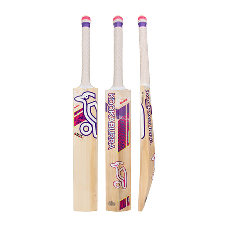 Three views of the Kookaburra Glare Max Cricket Bat 2026, with a white handle and vibrant purple-orange design, featuring Kookaburra branding on all sides. Ideal for power hitters and cricket enthusiasts.