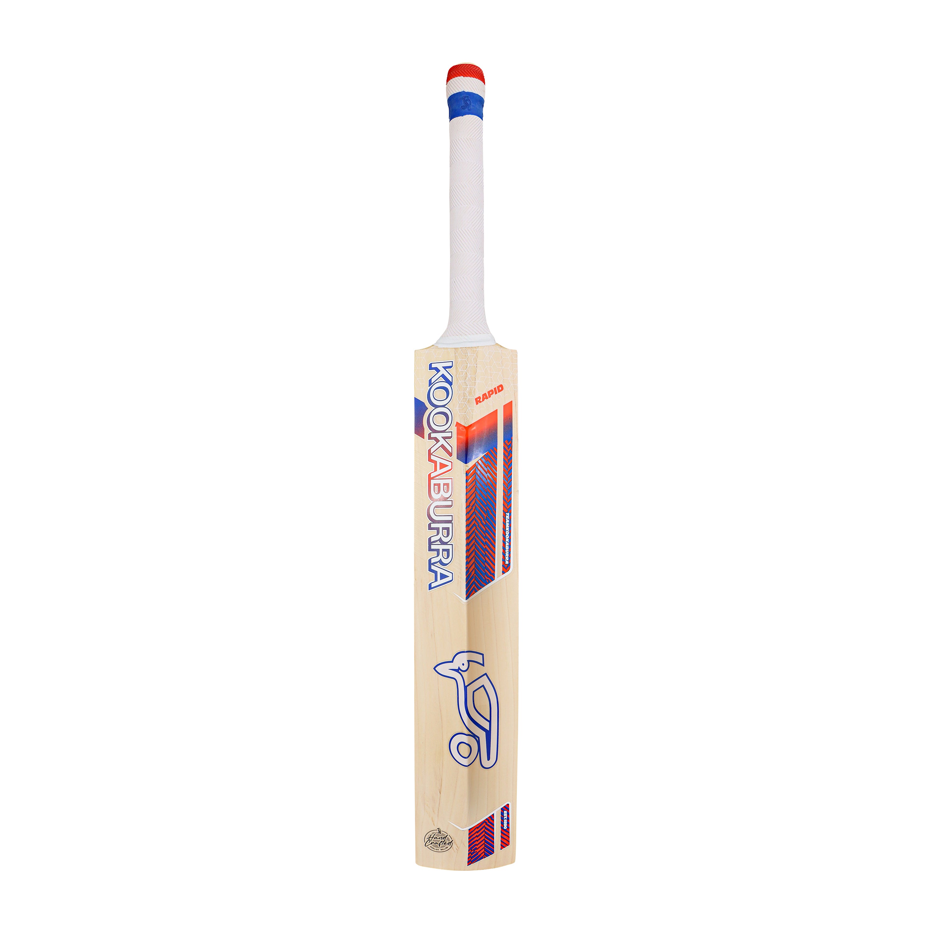 The Kookaburra Rapid Pro Players Edition Cricket Bat 2026 is a lightweight English Willow bat with a white handle, red and blue accents, brand logo on the front, a flat blade, and slightly curved back.