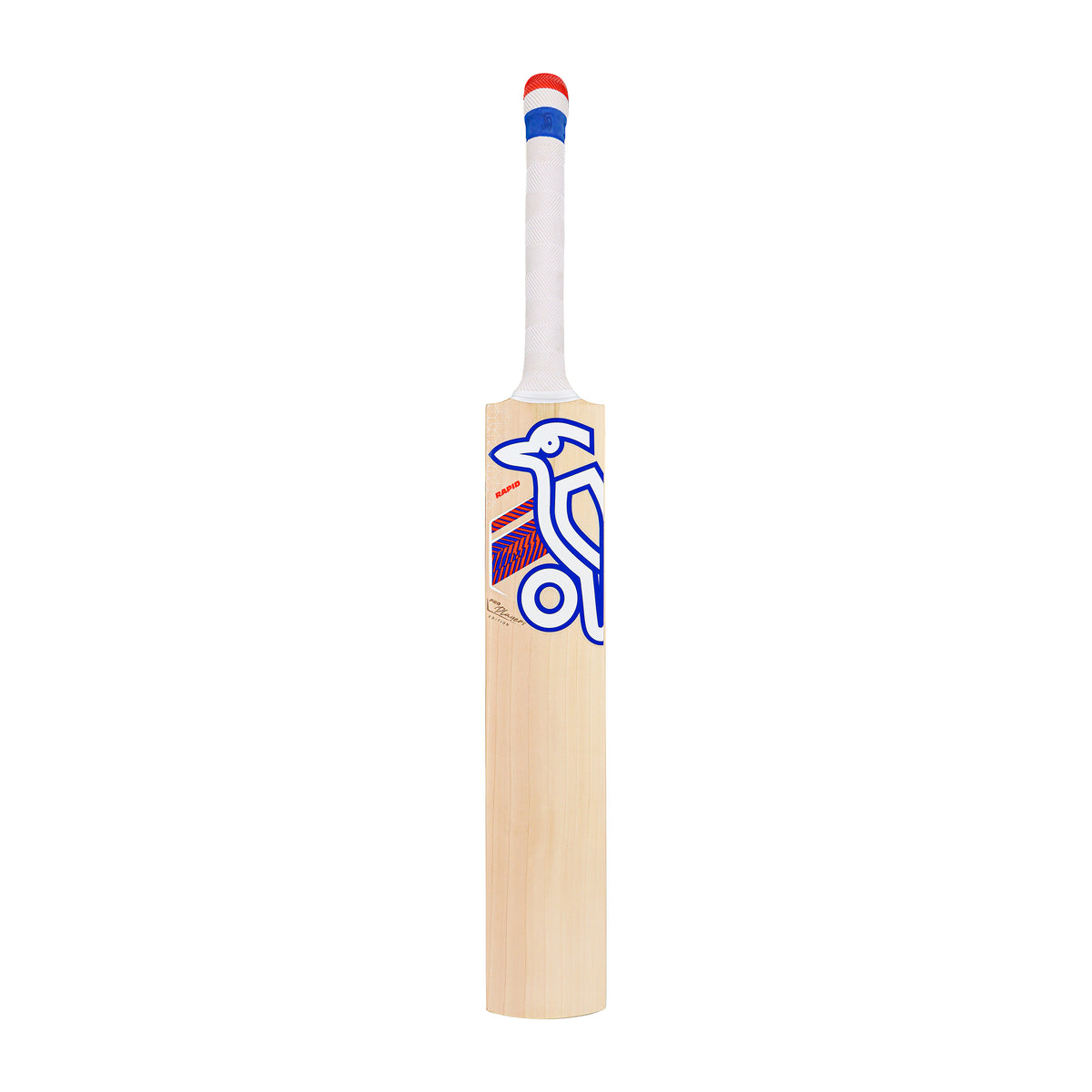 The Kookaburra Rapid Pro Players Edition Cricket Bat 2026, made from English Willow with a white handle and blue and red bird logo, is displayed vertically against a plain white background.