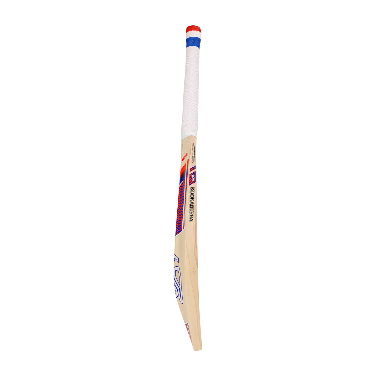 The Kookaburra Rapid Pro Players Edition Cricket Bat 2026 features a lightweight design, white grip, blue and red accents, and side branding. Displayed upright against a plain white background, this bat showcases the signature Kookaburra quality.