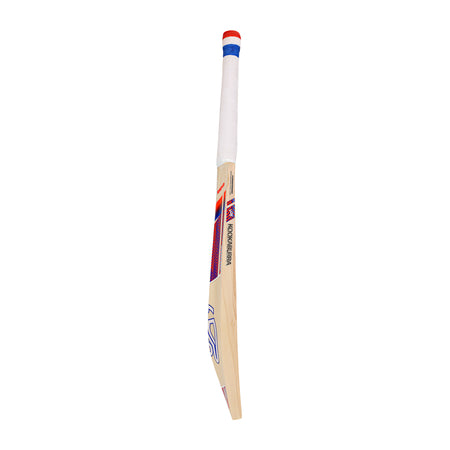 The Kookaburra Rapid Pro Players Edition Cricket Bat 2026 features a lightweight design, white grip, blue and red accents, and side branding. Displayed upright against a plain white background, this bat showcases the signature Kookaburra quality.