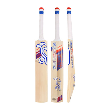 Three views of the Kookaburra Rapid Pro Players Edition Cricket Bat 2026 by Kookaburra: front, back, and side. This lightweight English Willow bat sports blue and red branding with a white handle wrapped in red and blue tape.