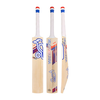 Three views of the Kookaburra Rapid Pro 2.1 Elite Cricket Bat 2026: front, angled, and side. This English Willow bat by Kookaburra features light wood, a white grip, and blue, red, and orange branding on blade and handle.