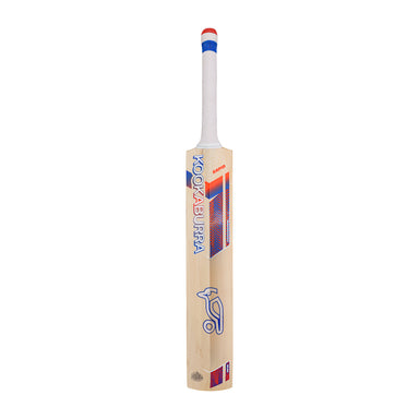 The Kookaburra Rapid Pro 2.1 Elite Junior Cricket Bat 2026 stands upright against a white background, featuring a white handle, red and blue accents, front branding, and premium English willow—ideal for junior players.