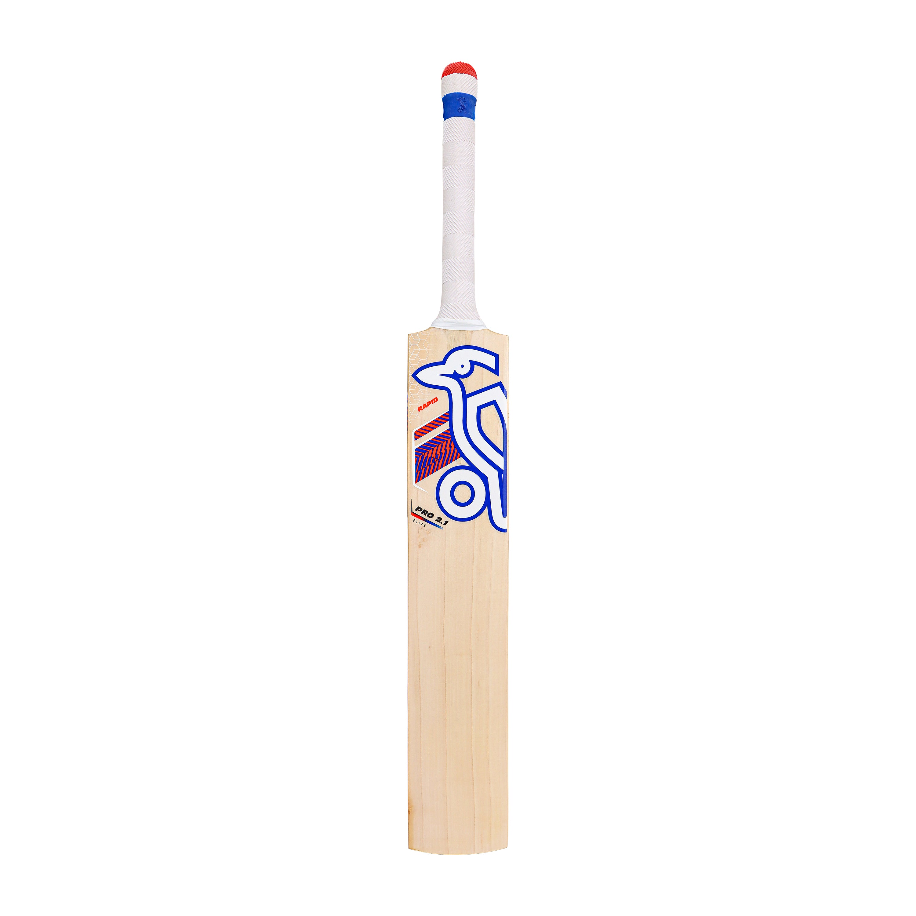 The Kookaburra Rapid Pro 2.1 Elite Junior Cricket Bat 2026 features a white gripped handle, red and blue detailing, the signature blue bird logo, and is expertly crafted from English willow for young players.