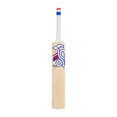 The Kookaburra Rapid Pro 2.1 Elite Junior Cricket Bat 2026 features a white gripped handle, red and blue detailing, the signature blue bird logo, and is expertly crafted from English willow for young players.