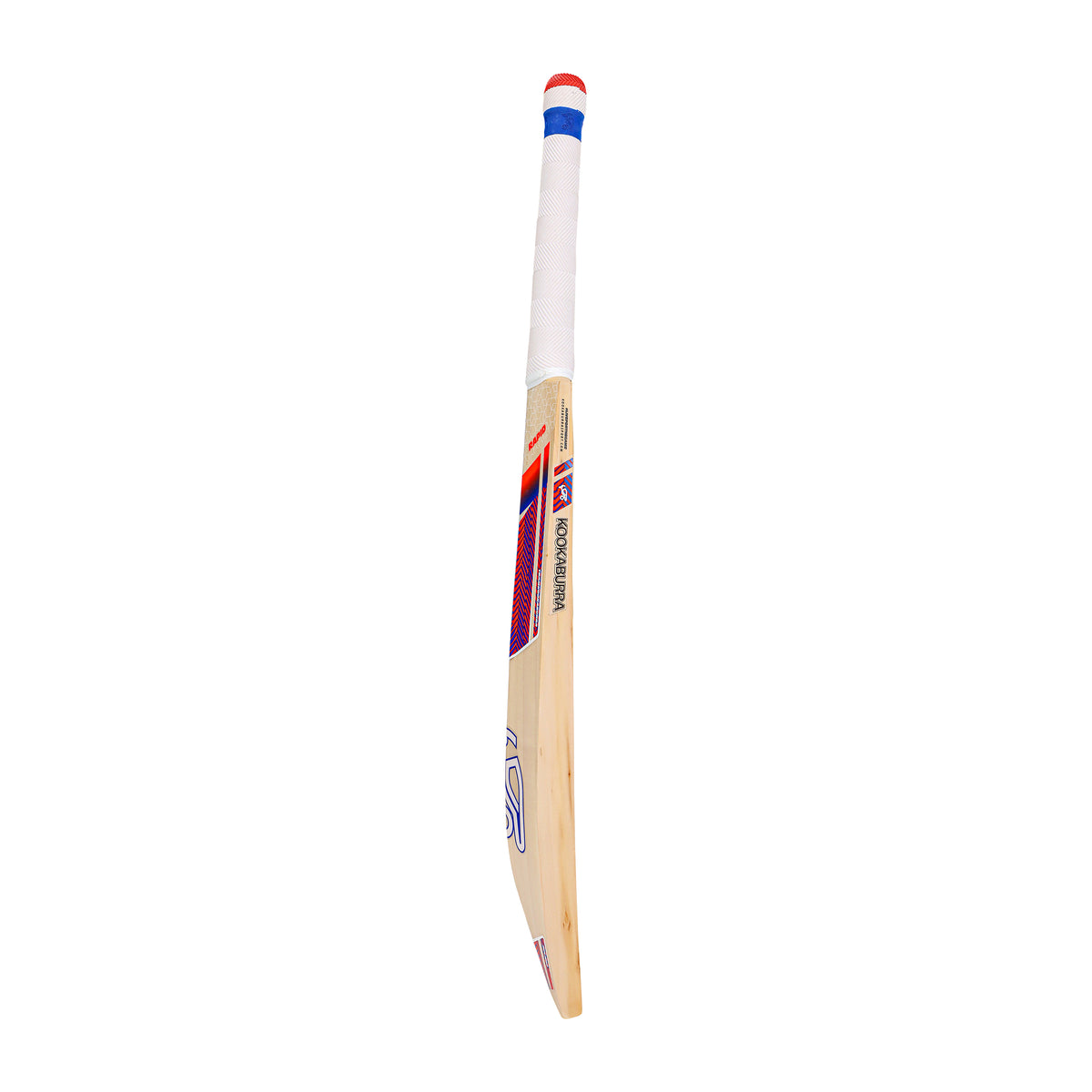 The Kookaburra Rapid Pro 2.1 Elite Junior Cricket Bat 2026, made from English willow with a white handle and red, blue, and black graphics, is shown upright on a white background.