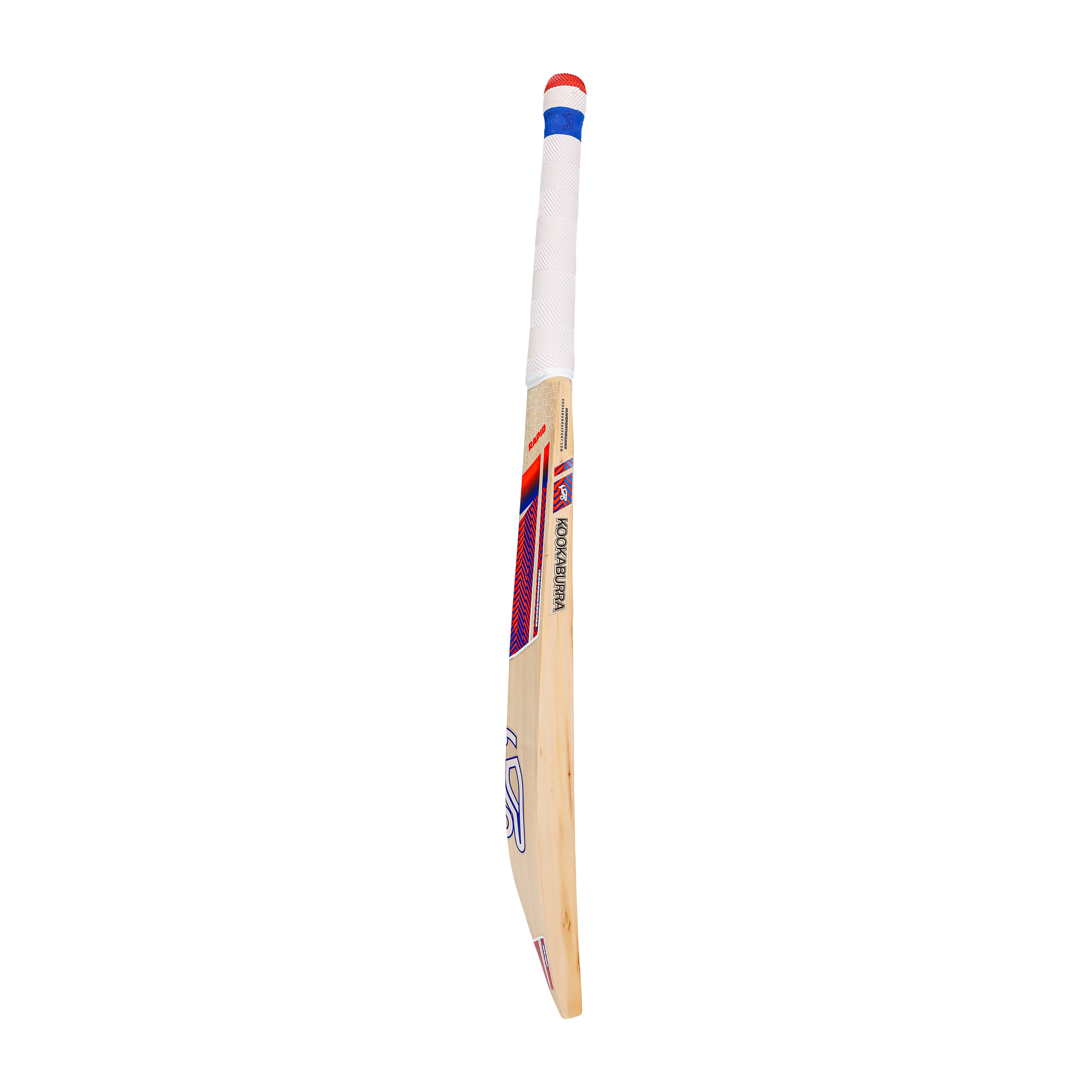The Kookaburra Rapid Pro 2.1 Elite Junior Cricket Bat 2026, made from English willow with a white handle and red, blue, and black graphics, is shown upright on a white background.