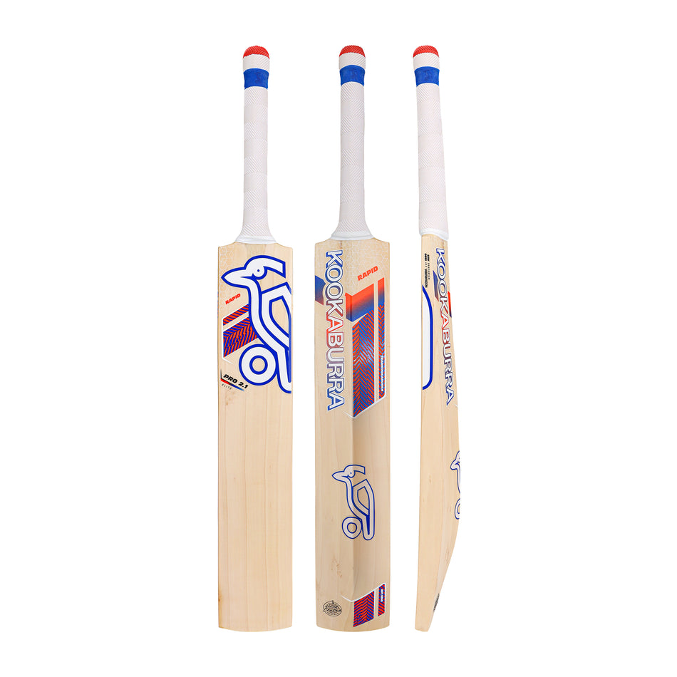 Three views of the Kookaburra Rapid Pro 2.1 Elite Junior Cricket Bat 2026 by Kookaburra, featuring a white handle, blue and red branding, and natural wood finish, showing its front, back, and side profiles.