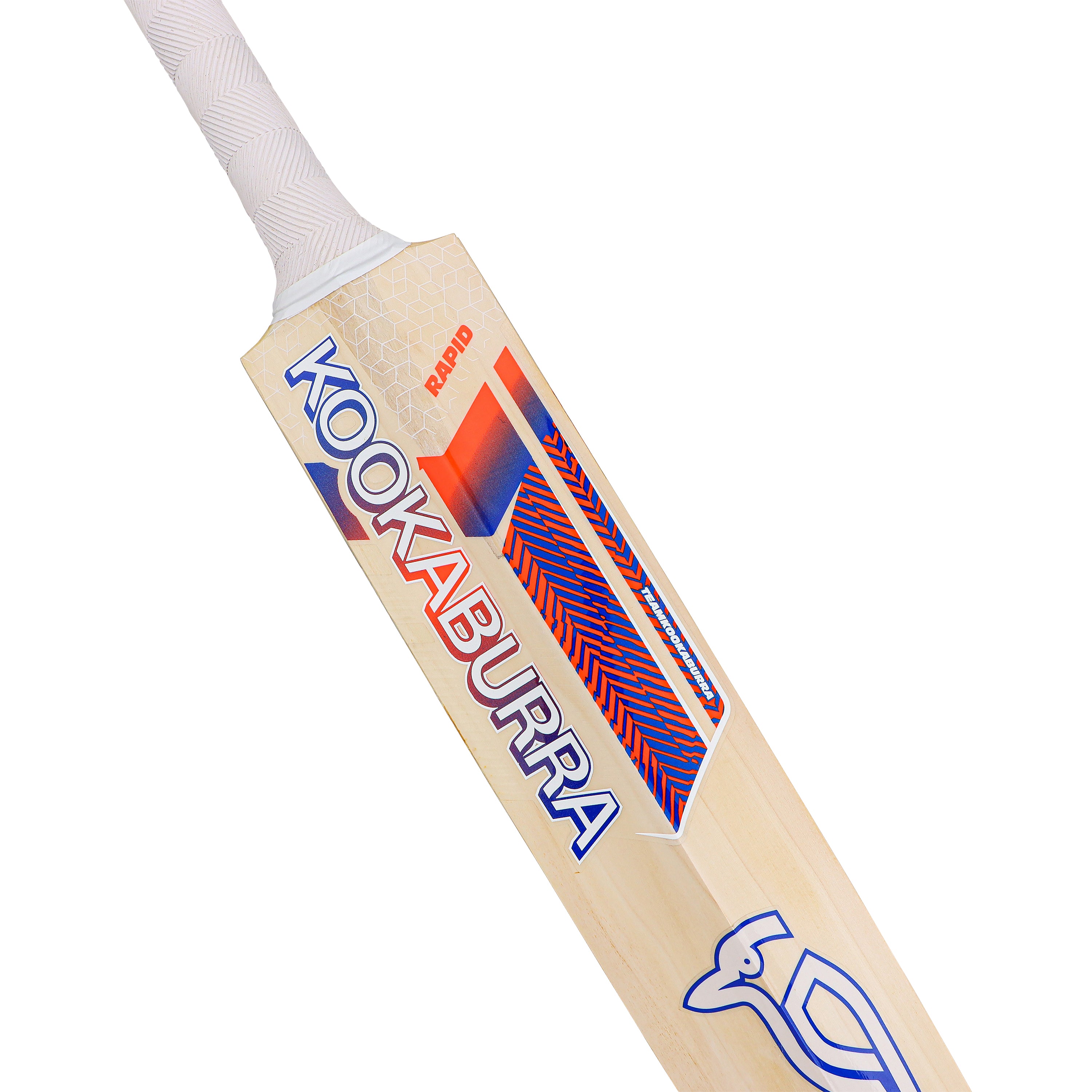 A close-up of the Kookaburra Rapid 4.1 Hero Cricket Bat 2026, an English Willow bat with a white grip, colorful graphics, bold KOOKABURRA branding in blue and red, and a stylized bird logo near the base.