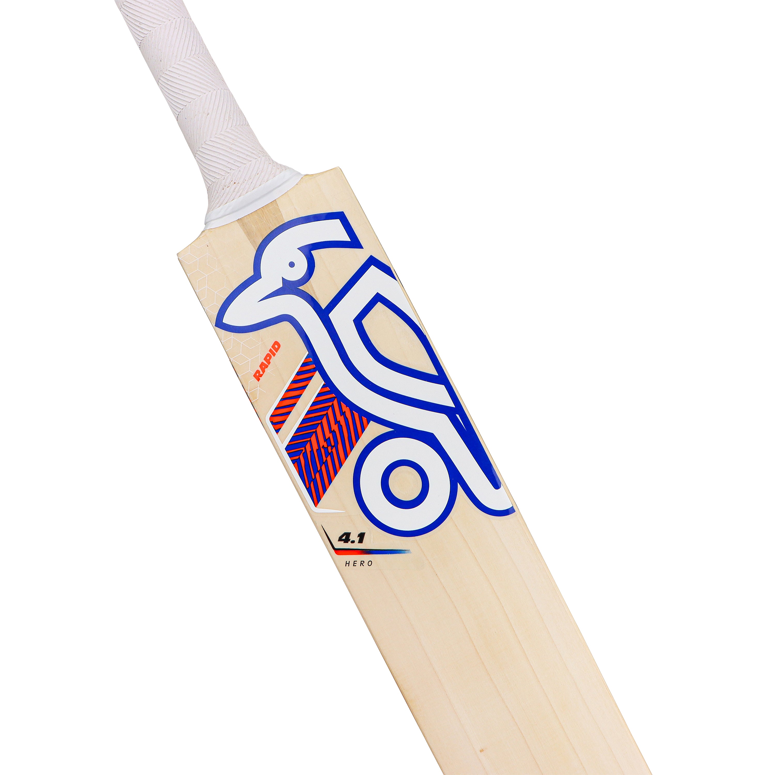The Kookaburra Rapid 4.1 Hero Cricket Bat 2026 is a lightweight bat with a white handle and striking blue-red bird graphic, ideal for players seeking style and easy handling.