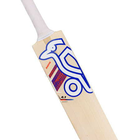 The Kookaburra Rapid 4.1 Hero Cricket Bat 2026 is a lightweight bat with a white handle and striking blue-red bird graphic, ideal for players seeking style and easy handling.