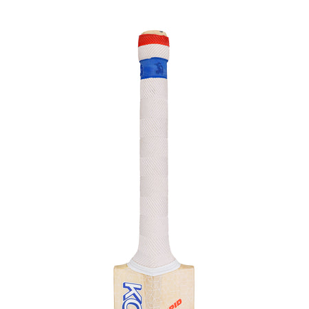 A close-up of the Kookaburra Rapid 4.1 Hero Cricket Bat 2026 handle shows a white grip with a red and blue band near the top. The lower part of this lightweight bat and the Kookaburra logo are partially visible.