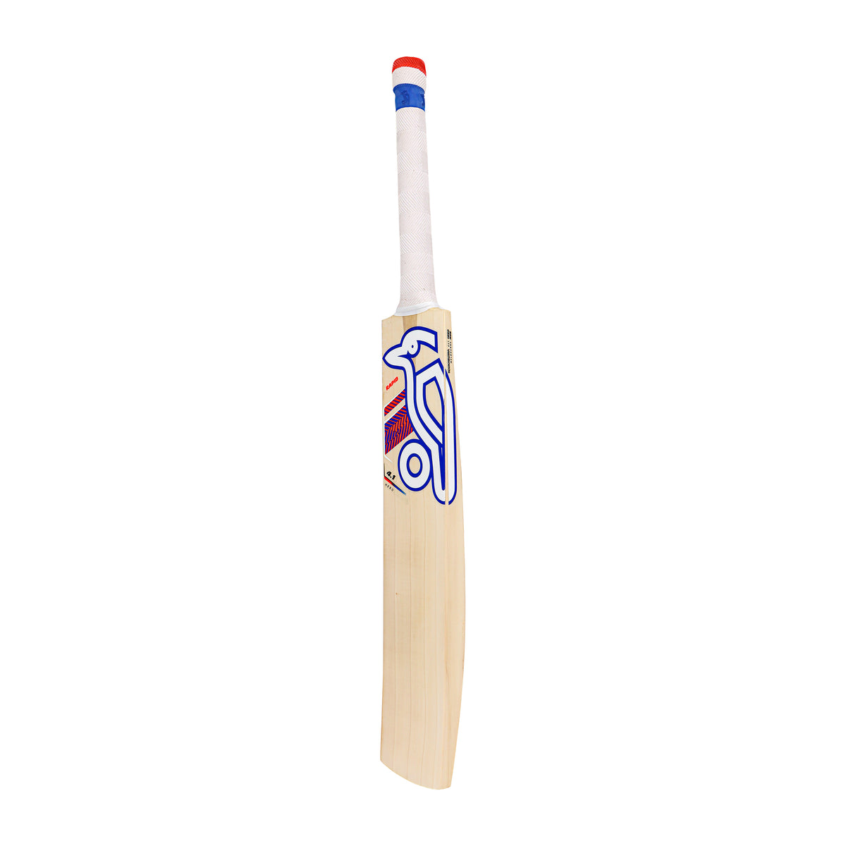 The Kookaburra Rapid 4.1 Hero Cricket Bat 2026 is a lightweight bat with a white handle wrapped in white grip tape, featuring red and blue accents and a graphic design on the front.