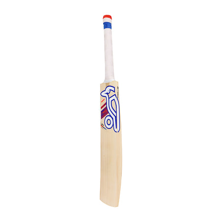 The Kookaburra Rapid 4.1 Hero Cricket Bat 2026 is a lightweight bat with a white handle wrapped in white grip tape, featuring red and blue accents and a graphic design on the front.