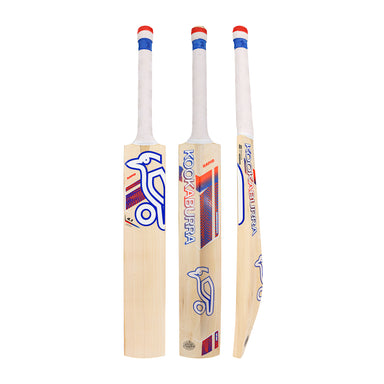 Three views of the Kookaburra Rapid 4.1 Hero Cricket Bat 2026, featuring a light wood finish, white grip, and blue, red, and black Kookaburra branding. The front, back, and side profiles are displayed against a white background.