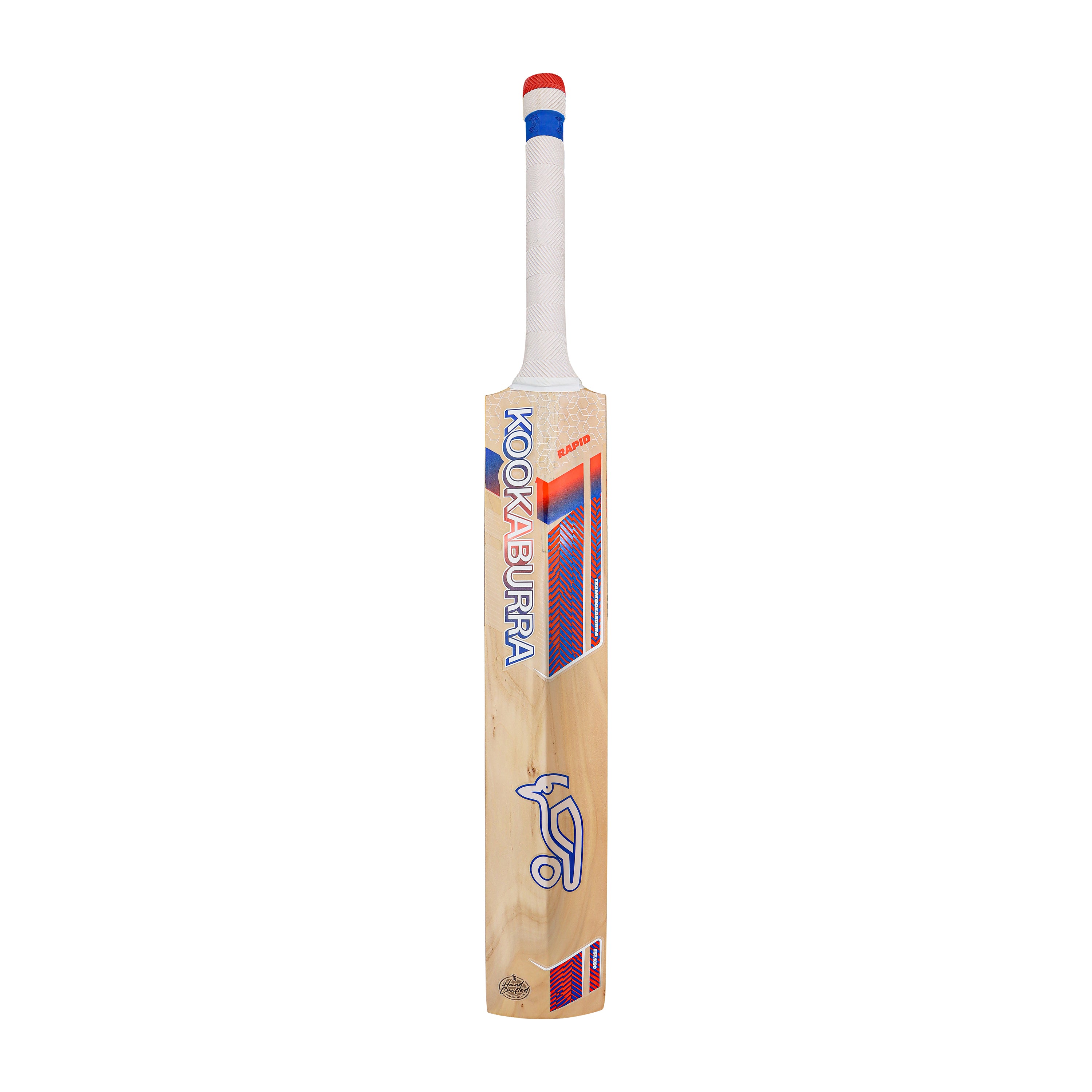 The Kookaburra Rapid 4.1 Hero Junior Cricket Bat 2026 by Kookaburra, made from quality English willow, has a white handle with grip tape and bold blue, red, and orange branding on the blade, shown upright against a white background.