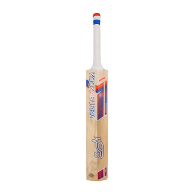 The Kookaburra Rapid 4.1 Hero Junior Cricket Bat 2026 by Kookaburra, made from quality English willow, has a white handle with grip tape and bold blue, red, and orange branding on the blade, shown upright against a white background.