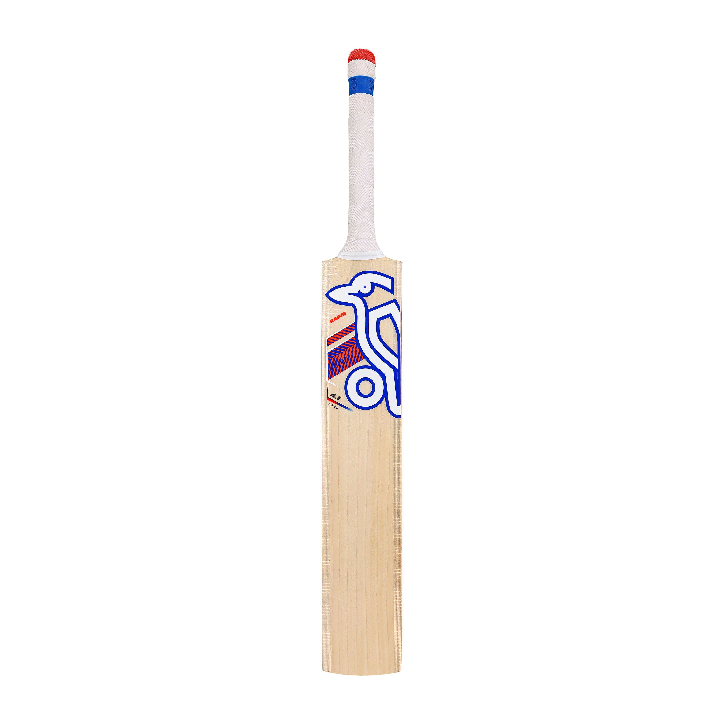 The Kookaburra Rapid 4.1 Hero Junior Cricket Bat 2026 from Kookaburra, made of English willow with a white grip handle, blue and red accents, and a blue bird logo on the front, stands upright against a white background.