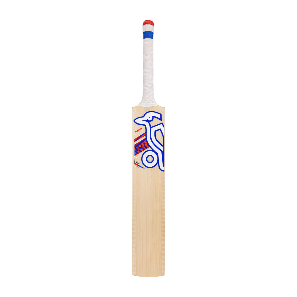 The Kookaburra Rapid 4.1 Hero Junior Cricket Bat 2026 from Kookaburra, made of English willow with a white grip handle, blue and red accents, and a blue bird logo on the front, stands upright against a white background.
