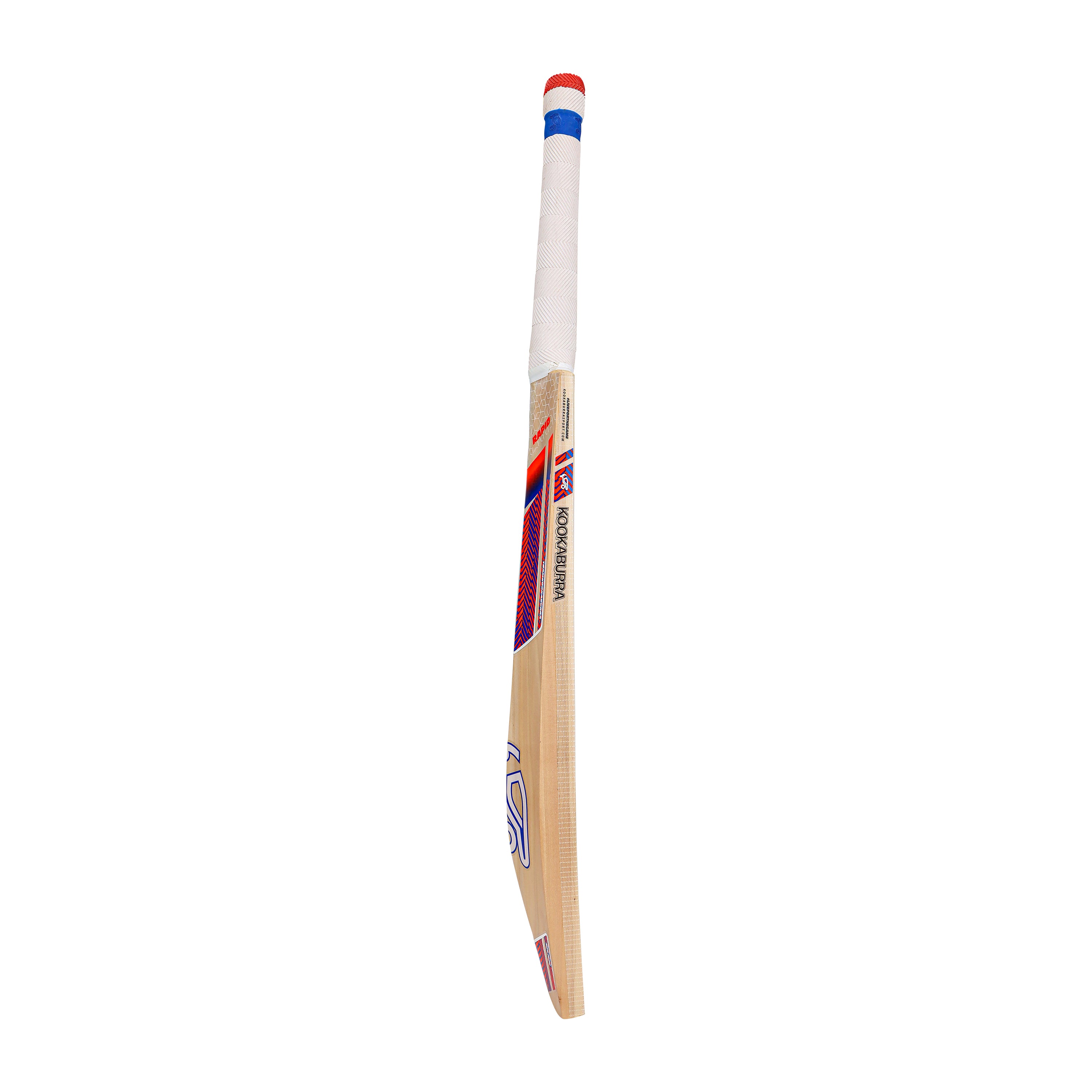 The Kookaburra Rapid 4.1 Hero Junior Cricket Bat 2026 features a taped white handle with blue and red accents, standing upright on a plain white background.