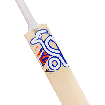 The Kookaburra Rapid 6.1 Special Cricket Bat 2026 is a lightweight English Willow bat with a white handle, light wooden blade, and a blue-red geometric bird design featuring "G.1 SPECIAL" and "SPEARO" on the front—ideal for cricket enthusiasts.