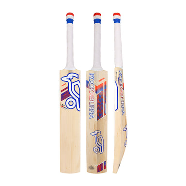 Three views of the Kookaburra Rapid 6.1 Special Cricket Bat 2026, crafted from English Willow, with a white handle, blue and red accents, and Kookaburra branding. The lightweight bat is displayed from the front, back, and side.