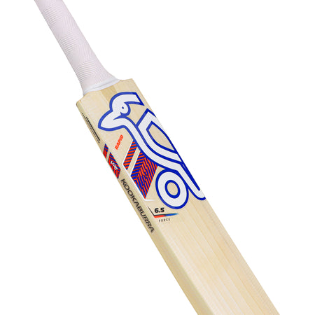 A close-up of the lightweight Kookaburra Rapid 6.5 Force Cricket Bat 2026 with a white handle, blue kookaburra bird logo, and red graphic accents. Brand and model are printed on the light English Willow blade.